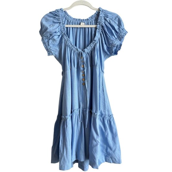 Hunter & Brown Women’s XL Blue Linen Blend Square Neck Tie Front Peasant Dress - Picture 1 of 12